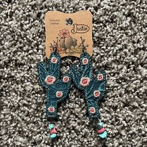 NWT Justin Leather Embroidered Saguaro Cactus Dangle Earrings - Turquoise